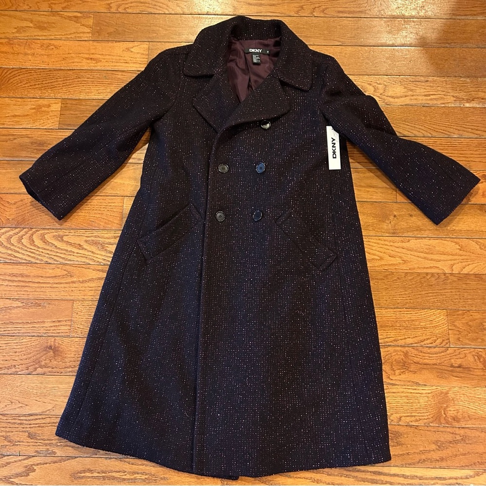 NEW DKNY Metallic Wool Tweed Blazer Pea Coat Winter Ski Jacket Purple Medium 8